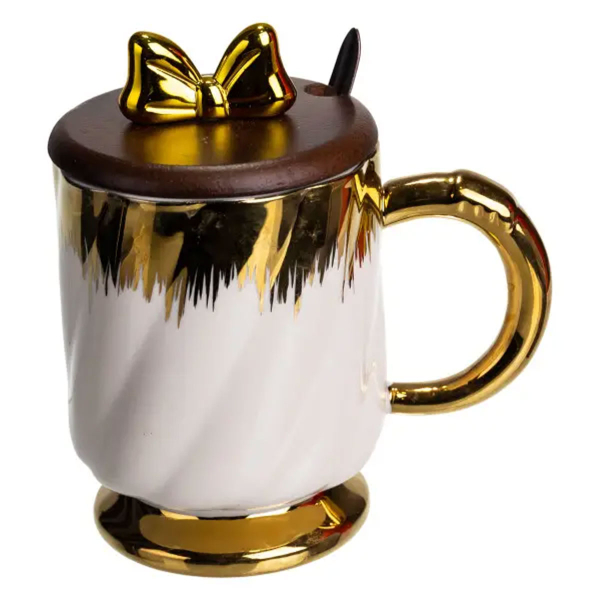 Новорічна порцелянова чашка «Золотий Вихор» 450 мл з кришкою і ложкою Yiwu FM-23D - фото №5