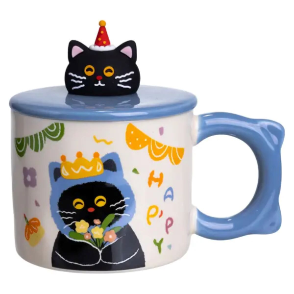 Кубок порцелянова з кришкою Kitten's Birthday 400 (мл) подарункова кружка прикольна чашка для дітей на подарунок Синій FM-24A - фото №5