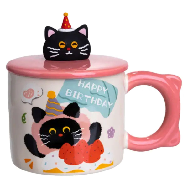 Кубок порцелянова з кришкою Kitten's Birthday 400 (мл) подарункова кружка прикольна чашка для дітей на подарунок Рожевий FM-24C - фото №5