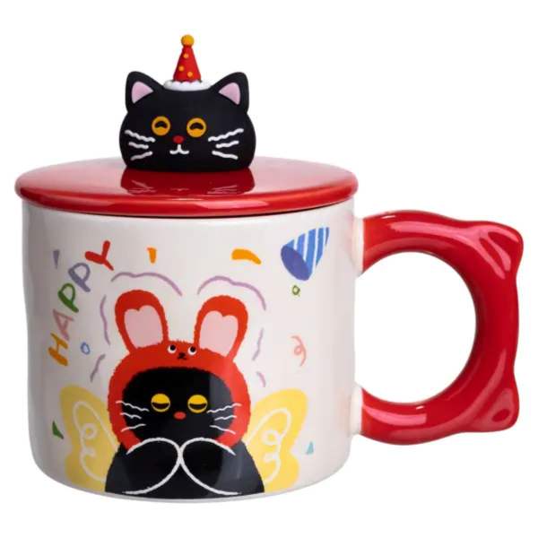 Кубок порцелянова з кришкою Kitten's Birthday 400 (мл) подарункова кружка прикольна чашка для дітей на подарунок Червоний FM-24D - фото №5