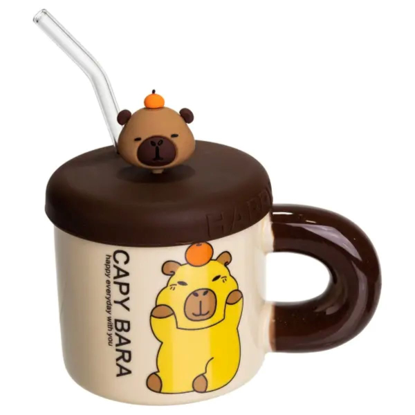 Кубок порцелянова з кришкою і трубочкою Капібара з апельсином 300 (мл) FM-27C - фото №5