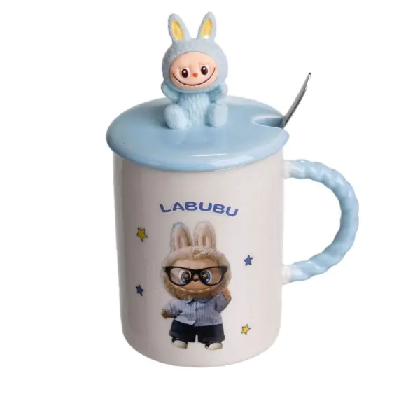 Чашка порцелянова з кришкою і ложкою Labubu 400 (мл) подарункова кружка прикольна чашка для дітей на подарунок Блакитний FM-35B - фото №5