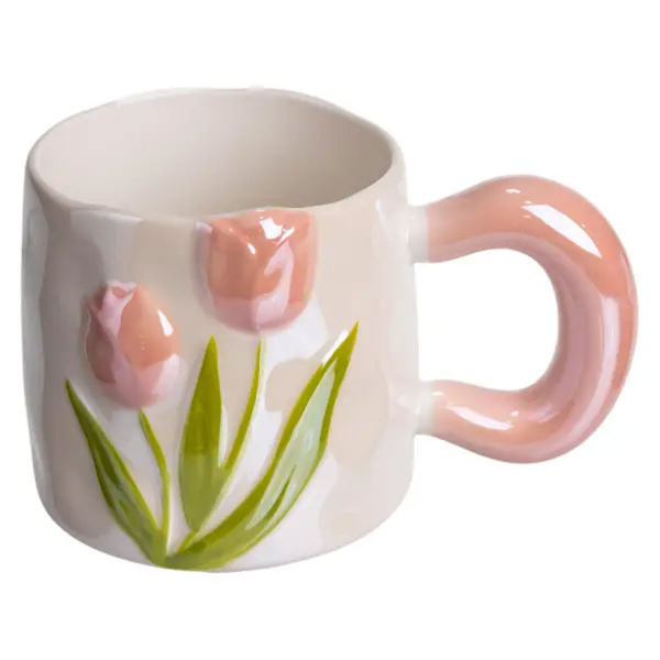 Новорічна порцелянова чашка для чаю та кави "Ніжний Тюльпан" з 3D-декором 400 мл, святкова кружка чашка на подарунок Рожевий FM-40A - фото №5