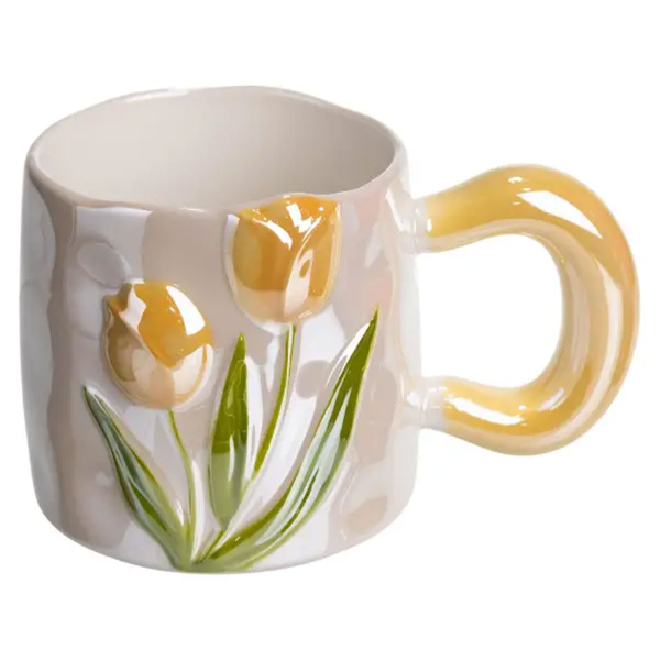 Новорічна порцелянова чашка для чаю та кави "Ніжний Тюльпан" з 3D-декором 400 мл, святкова кружка чашка на подарунок Помаранчевий FM-40B - фото №5