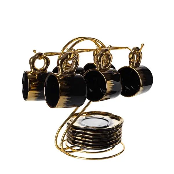 Набір чашок для кави на металевій підставці 6 (шт) по 100 (мл) Чорний з золотом FM-47 - фото №7