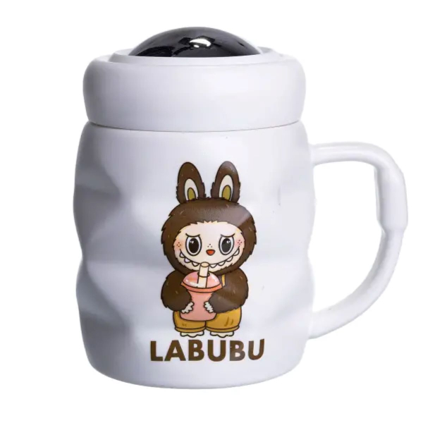 Чашка порцелянова з кришкою Labubu 400 (мл) подарункова кружка прикольна чашка для дітей на подарунок Білий з темно-коричневим FM-54C - фото №5