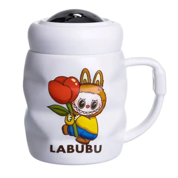 Чашка порцелянова з кришкою Labubu 400 (мл) подарункова кружка прикольна чашка для дітей на подарунок Білий з жовтим FM-54D - фото №5