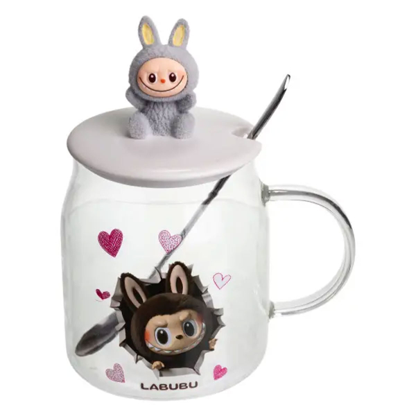Новорічна велика скляна чашка "Лабубу" з кришкою та ложкою 600 мл, Святкова кружка чашка для дітей на подарунок Сірий FM-56A - фото №5