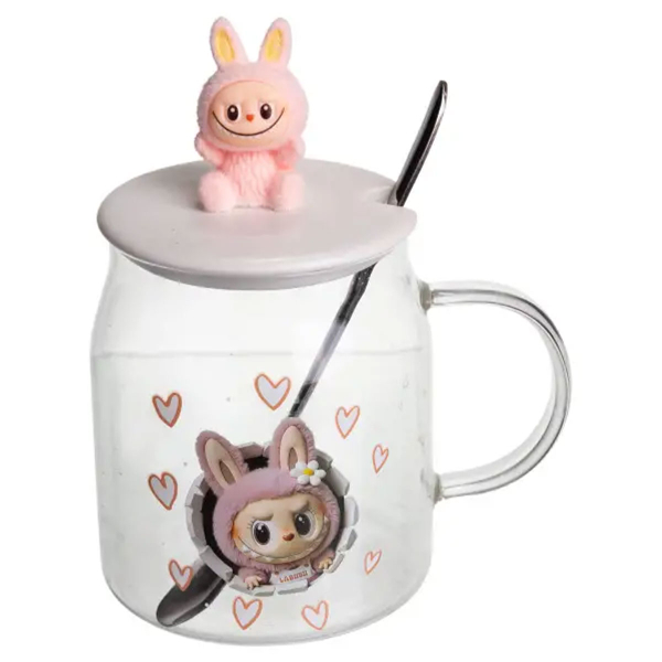 Новорічна велика скляна чашка "Лабубу" з кришкою та ложкою 600 мл, Святкова кружка чашка для дітей на подарунок Рожевий FM-56B - фото №5