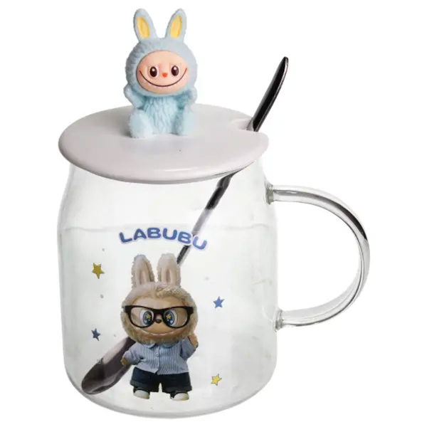 Новорічна велика скляна чашка "Лабубу" з кришкою та ложкою 600 мл, Святкова кружка чашка для дітей на подарунок Блакитний FM-56D - фото №5