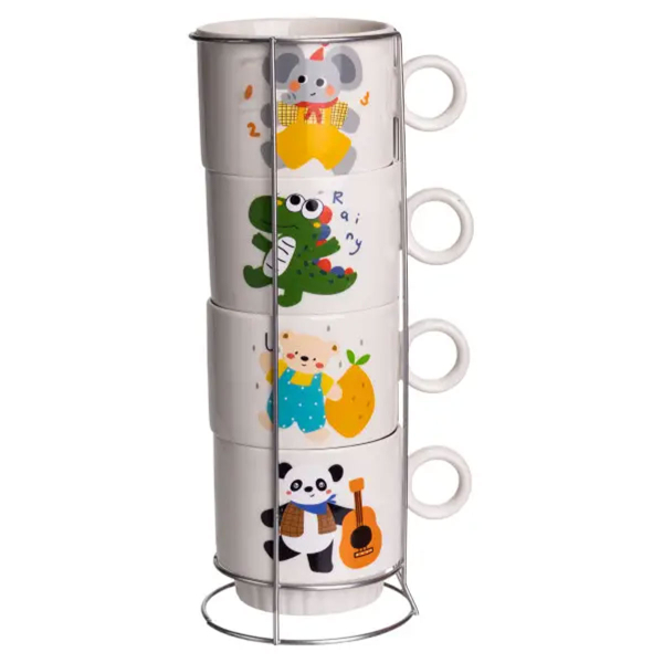 Набір порцелянових чашок для дітей на металевій підставці Animals 4 (шт) по 300 (мл) подарунковий набір чашок FM-8 - фото №5