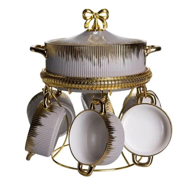 Суповий сервіз на 6 персон супниця 2 (л) на підставці з бульйонницями 400 (мл) тарілки для супу Сірий з золотом FM-A23-6 - фото №6