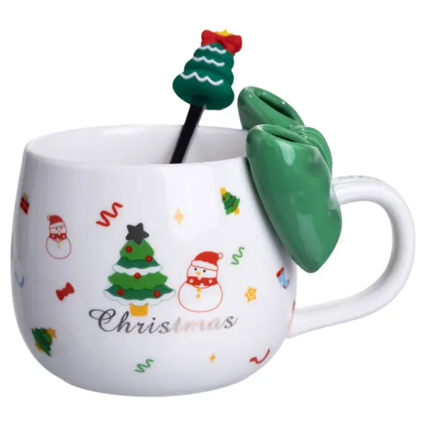 Новорічна порцелянова чашка з ложкою Merry Christmas 400 (мл) Зелений Yiwu FM-CS-19B - фото №6