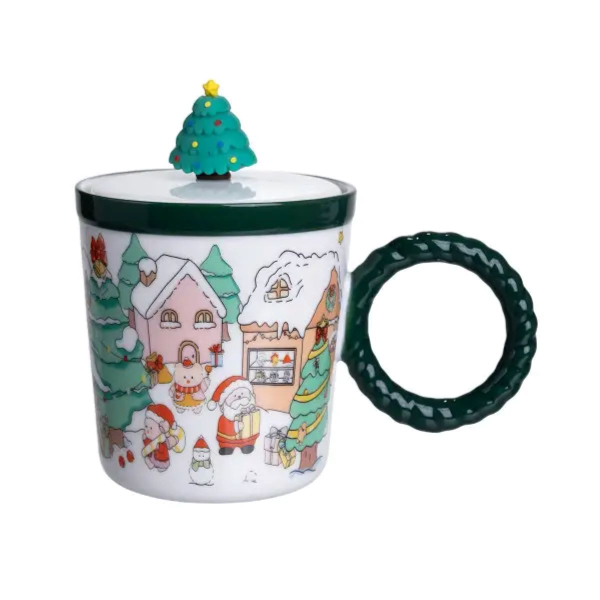 Чашка порцелянова з кришкою Ялинка 400 (мл) Зелена Yiwu FM-CS-36B - фото №6