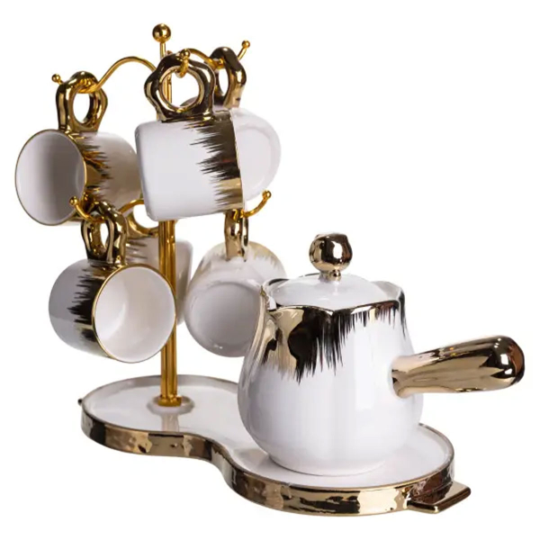 Кавовий сервіз на підставці з туркою 450 (мл) 6 чашок по 90 (мл) подарунковий набір чашок на підставці Білий із золотом FM-JJ-3 - фото №6