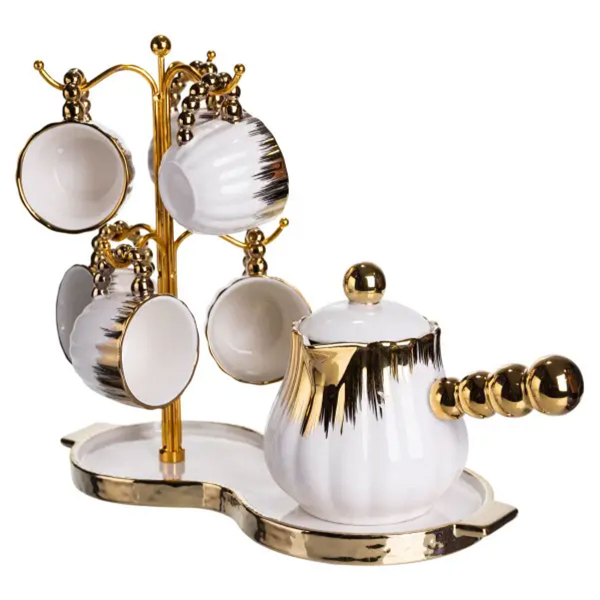 Кавовий сервіз на підставці з туркою 450 (мл) 6 чашок по 90 (мл) подарунковий набір чашок на підставці Білий із золотом FM-JJ-5 - фото №7