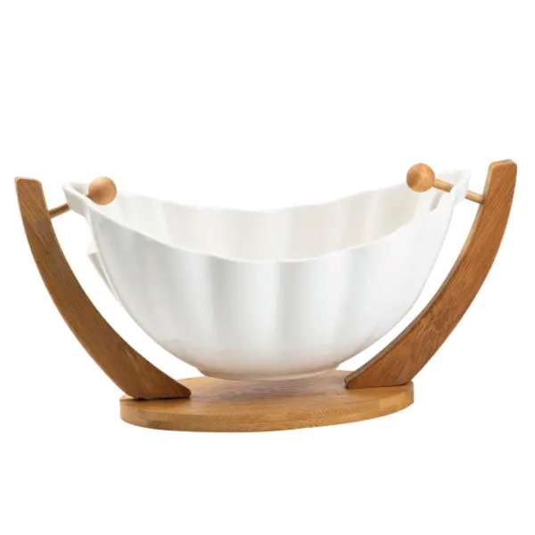 Фруктівниця порцелянова 33*14*16 см на бамбуковій підставці, білий HP1238 - фото