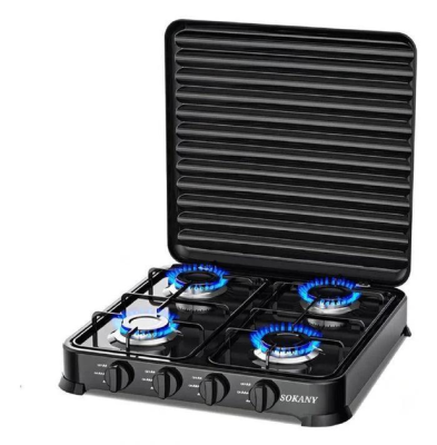 Газова плита настільна Sokany чорна 4 конфорки міні переносна для дачі кемпінгу, портативна газплита туристична SK-6004-Black - фото