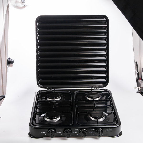 Газова плита настільна Sokany чорна 4 конфорки міні переносна для дачі кемпінгу, портативна газплита туристична SK-6004-Black - фото №3