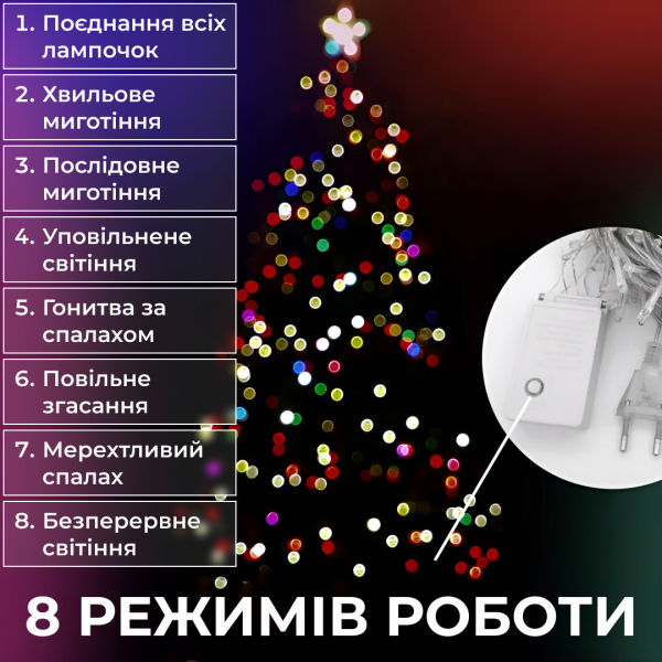 Гірлянда нитка 22м на 218 LED лампочок світлодіодна прозорий провід 8 режимів роботи W500LEDML - фото №4