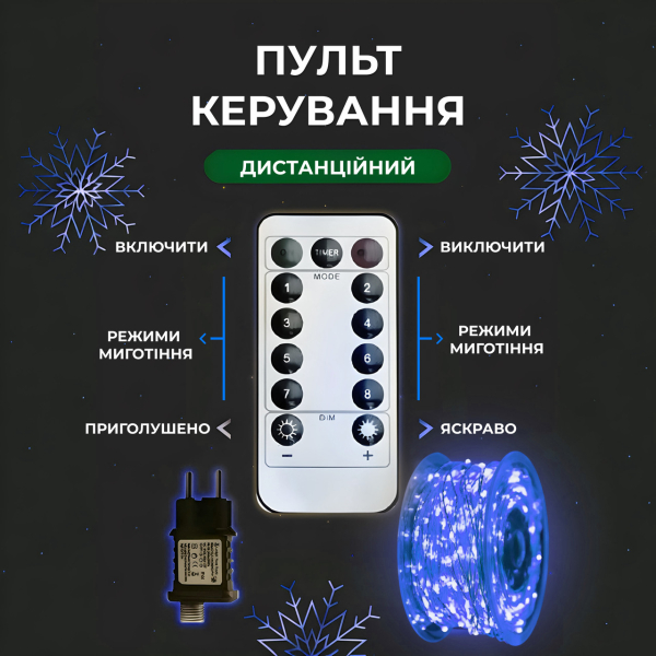 Гірлянда роса на пульті 200 метрів на 2000 led світлодіодів крапля на білому дроті синя 2000L200MWBL - фото №2