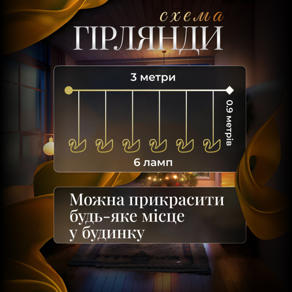 Гірлянда штора з фігурками Сваровскі 3 метри 6 ламп тепле жовте світло 6L3MSWA - фото №2