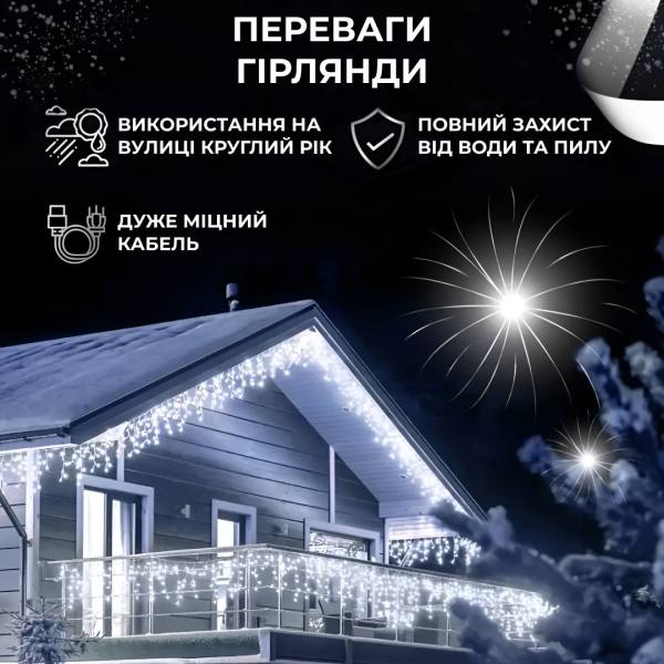 Гірлянда вулична світлодіодна 90 LED 3 метри білий дріт бахрома 18 ниток 3МWML - фото №21