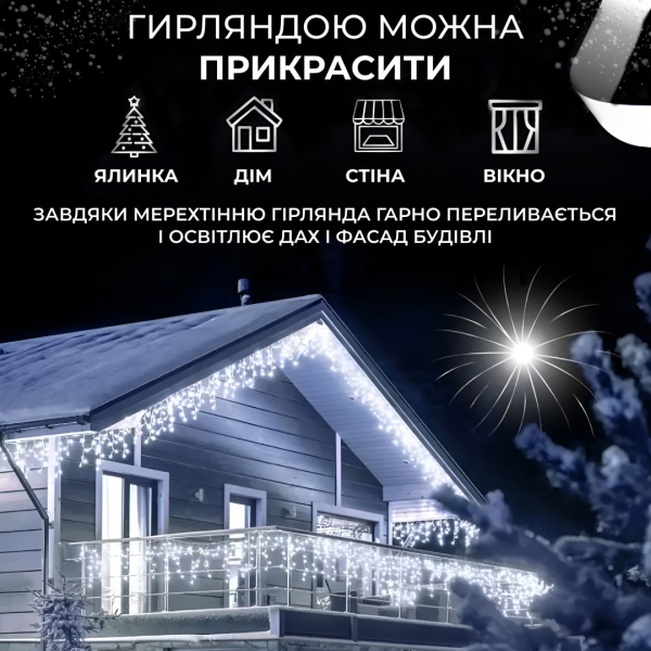 Гірлянда вулична світлодіодна 90 LED 3 метри білий дріт бахрома 18 ниток 3МWML - фото №22