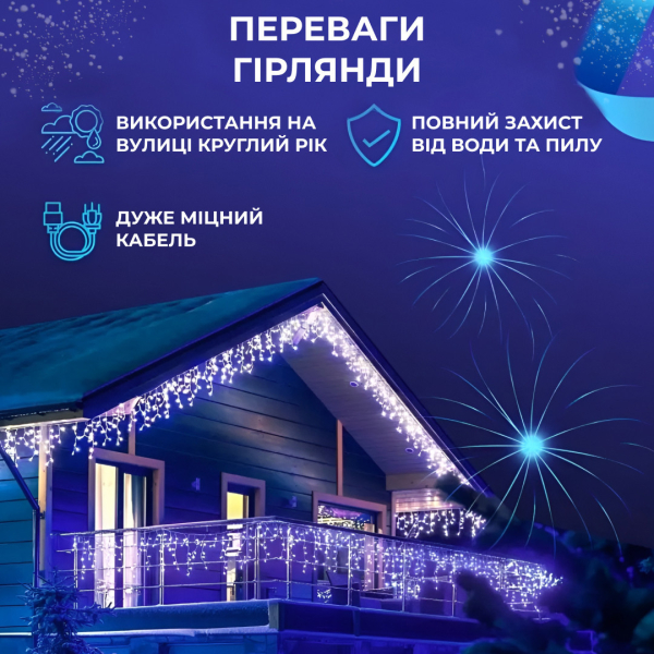 Гірлянда вулична світлодіодна 90 LED 3 метри білий дріт бахрома 18 ниток 3МWML - фото №30