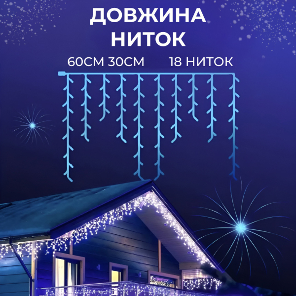 Гірлянда вулична світлодіодна 90 LED 3 метри білий дріт бахрома 18 ниток 3МWML - фото №32
