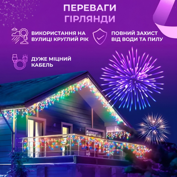 Гірлянда вулична світлодіодна 135 LED 6 метрів білий дріт бахрома 27 ниток Мультиколор 6МWML - фото №3