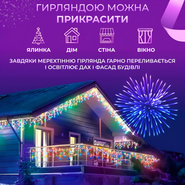 Гірлянда вулична світлодіодна 135 LED 6 метрів білий дріт бахрома 27 ниток Мультиколор 6МWML - фото №4