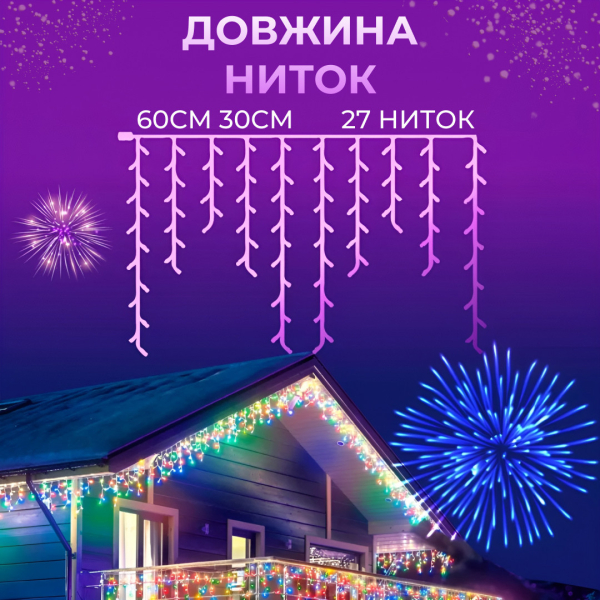 Гірлянда вулична світлодіодна 135 LED 6 метрів білий дріт бахрома 27 ниток Мультиколор 6МWML - фото №5