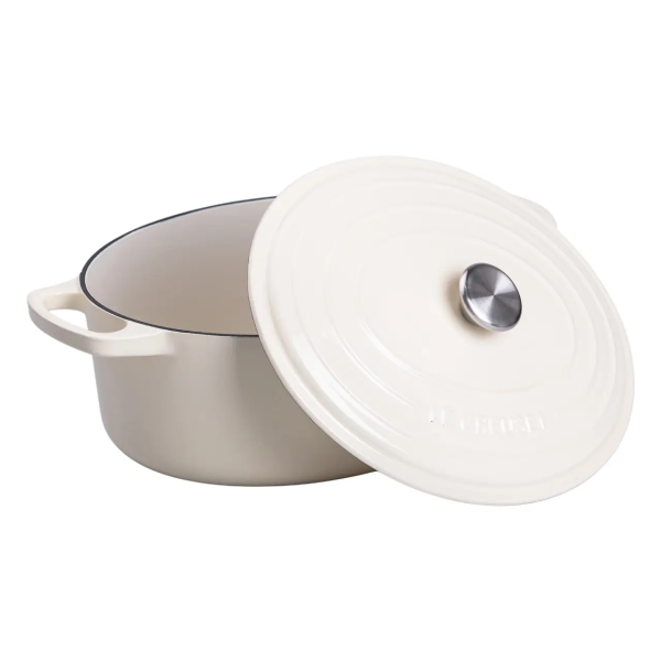 Гусятниця чавунна емальована з кришкою на 6 літрів Ø26 см бежева, каструля для тушкування запікання плита посуд HP-1-10-WHITE - фото №2