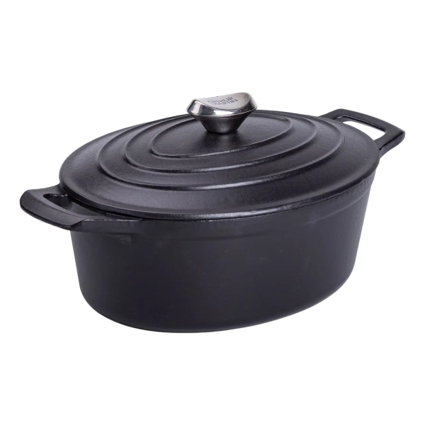 Гусятниця чавунна з кришкою 3 л Ø22 см чорна, каченята казан для тушкування запікання кухонний посуд HP-1-11-BLACK - фото