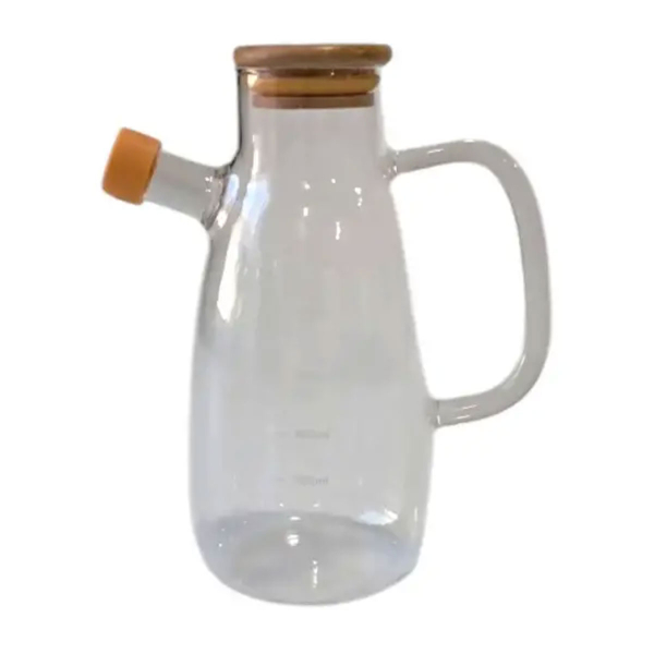 Скляна пляшка для олії та оцту з носиком і дозатором 650 мл, кришка з дерева, квадратна ручка HP-34-1-650 - фото №7