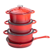 Набір чавунного посуду для приготування 3 каструлі та сковорода з емальованим покриттям Червоний HP-1-4 - фото №3