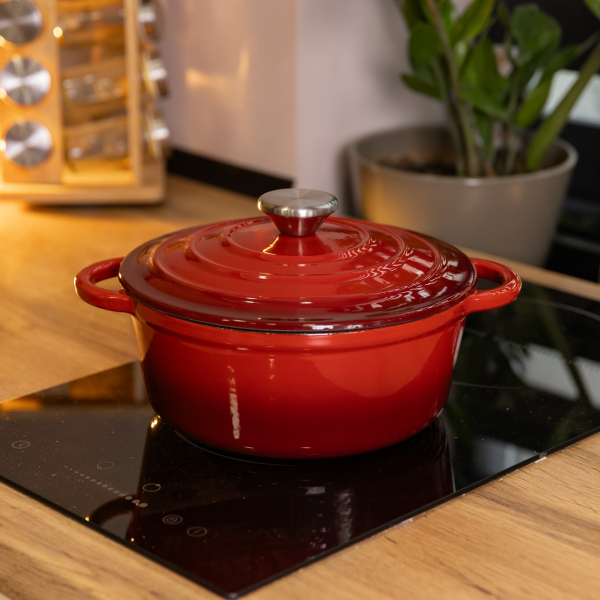 Каструля чавунна 2.5 л емальована з кришкою посуд для тушкування запікання томління кухонна Червона HP-1-14-RED - фото №8