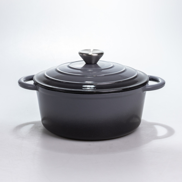 Каструля чавунна 2.5 л емальована з кришкою посуд для тушкування запікання томління кухонна Сіра HP-1-14-GREY - фото