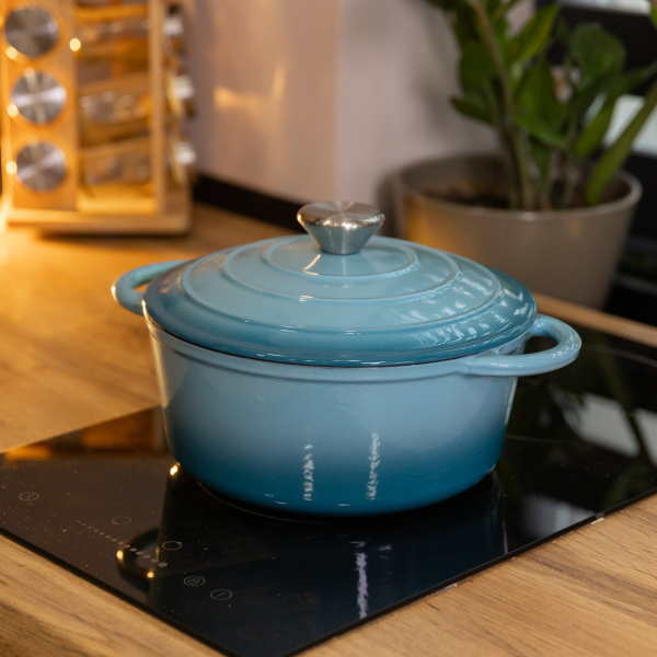 Каструля чавунна 2.5 л емальована з кришкою посуд для тушкування запікання томління кухонна Синя HP-1-14-BLUE - фото №10