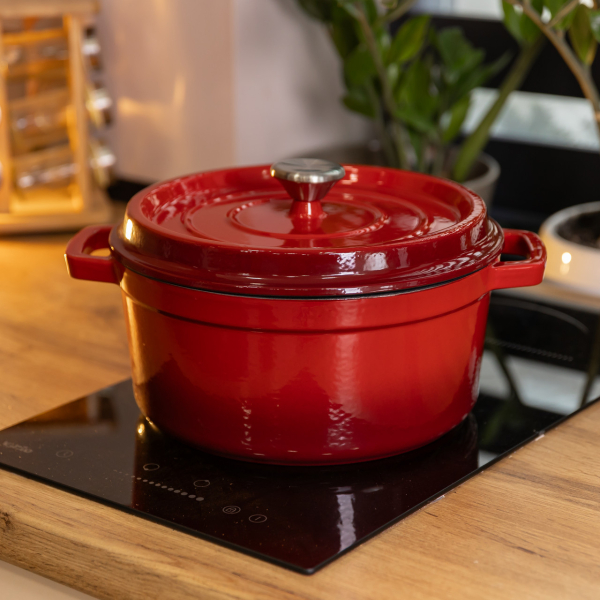 Каструля чавунна 4.5 л емальована з кришкою посуд для тушкування запікання томління кухонна Червона HP-1-19-RED - фото №8