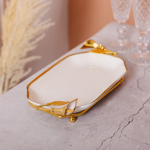 порцелянова фруктовниця на підставці 26×15×3.5 см Біла із золотом HP-7-5 - фото №6