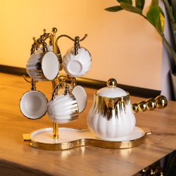 Кавовий сервіз на підставці з туркою 450 (мл) 6 чашок по 90 (мл) подарунковий набір чашок на підставці Білий із золотом FM-JJ-5