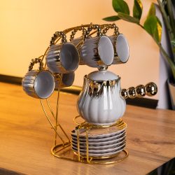 Кавовий сервіз на підставці з туркою 450 (мл) 6 чашок по 90 (мл) подарунковий набір чашок на підставці Сірий із золотом FM-JJ-4