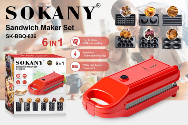 Мультипекар 6 в 1 Sokany SK-BBQ-836 700 Вт антипригарне покриття Червоний - фото №4