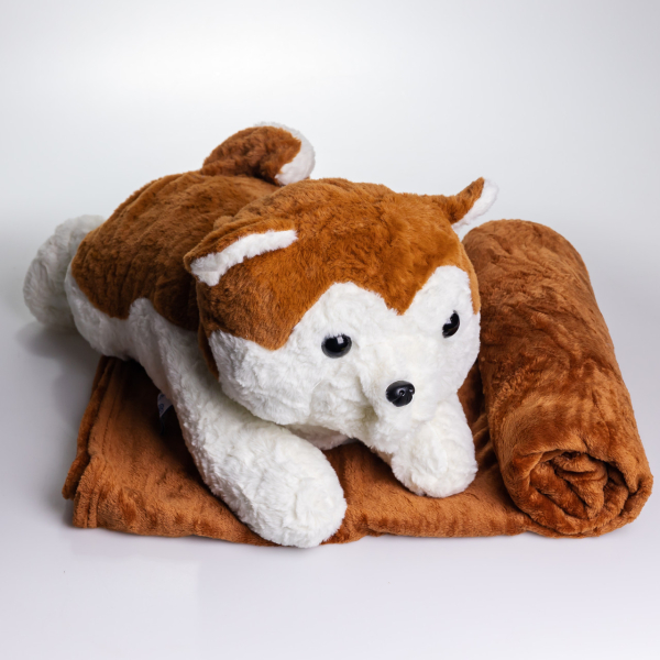 М'яка іграшка-плед, подушка 3 в 1 Хаскі плед в іграшці 50×30×26 (см) Коричневий 7124BR - фото №4