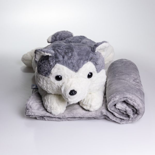 М'яка іграшка-плед, подушка 3 в 1 Хаскі плед в іграшці 50×30×26 (см) Сірий 7124G - фото №4