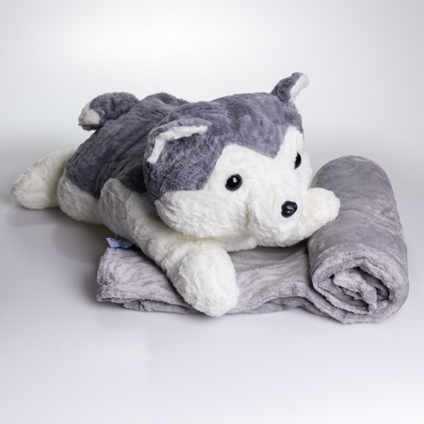 М'яка іграшка-плед, подушка 3 в 1 Хаскі плед в іграшці 50×30×26 (см) Сірий 7124G - фото №8