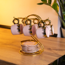 Набір чашок для кави на металевій підставці 6 (шт) по 100 (мл) подарунковий кавовий сервіз набір чашок Розовий із золотом FM-48