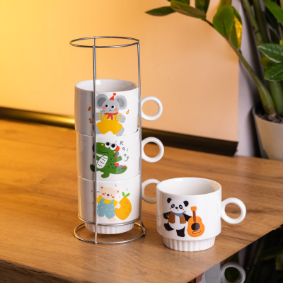 Набір порцелянових чашок для дітей на металевій підставці Animals 4 (шт) по 300 (мл) подарунковий набір чашок FM-8 - фото